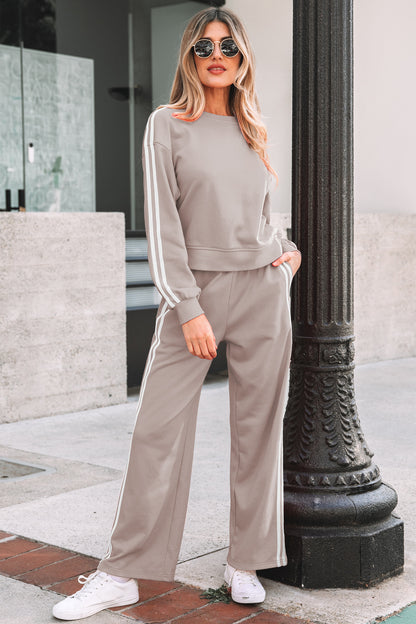 Fiery Red Varsity Striped Detail Crewneck Pullover Elastic Sweatpants 2pcs Outfit