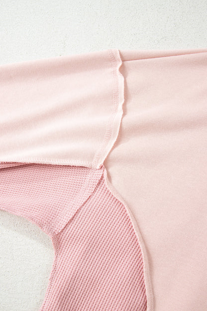 Light Pink Plus Color Block Waffle Patchwork Exposed Seam Baggy Sweatshirt