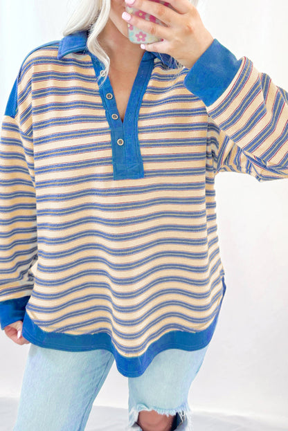 Pink Stripe Buttoned V Neck Collared Drop Shoulder Top