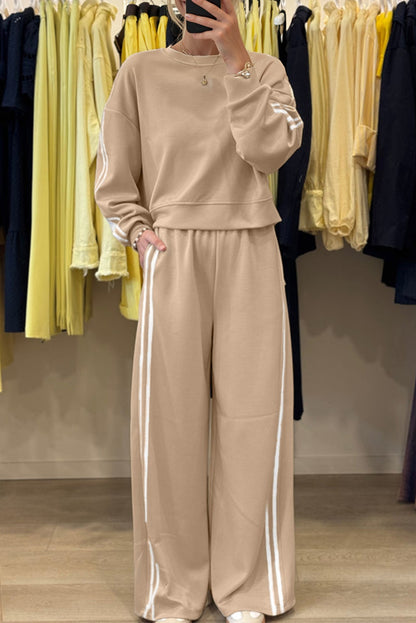 Fiery Red Varsity Striped Detail Crewneck Pullover Elastic Sweatpants 2pcs Outfit