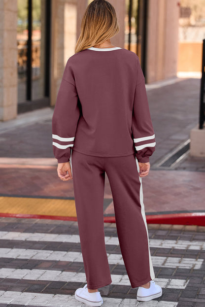 Chestnut Varsity Stripe Patchwork Puff Sleeve Pullover Drawstring Wide Leg Pant Set