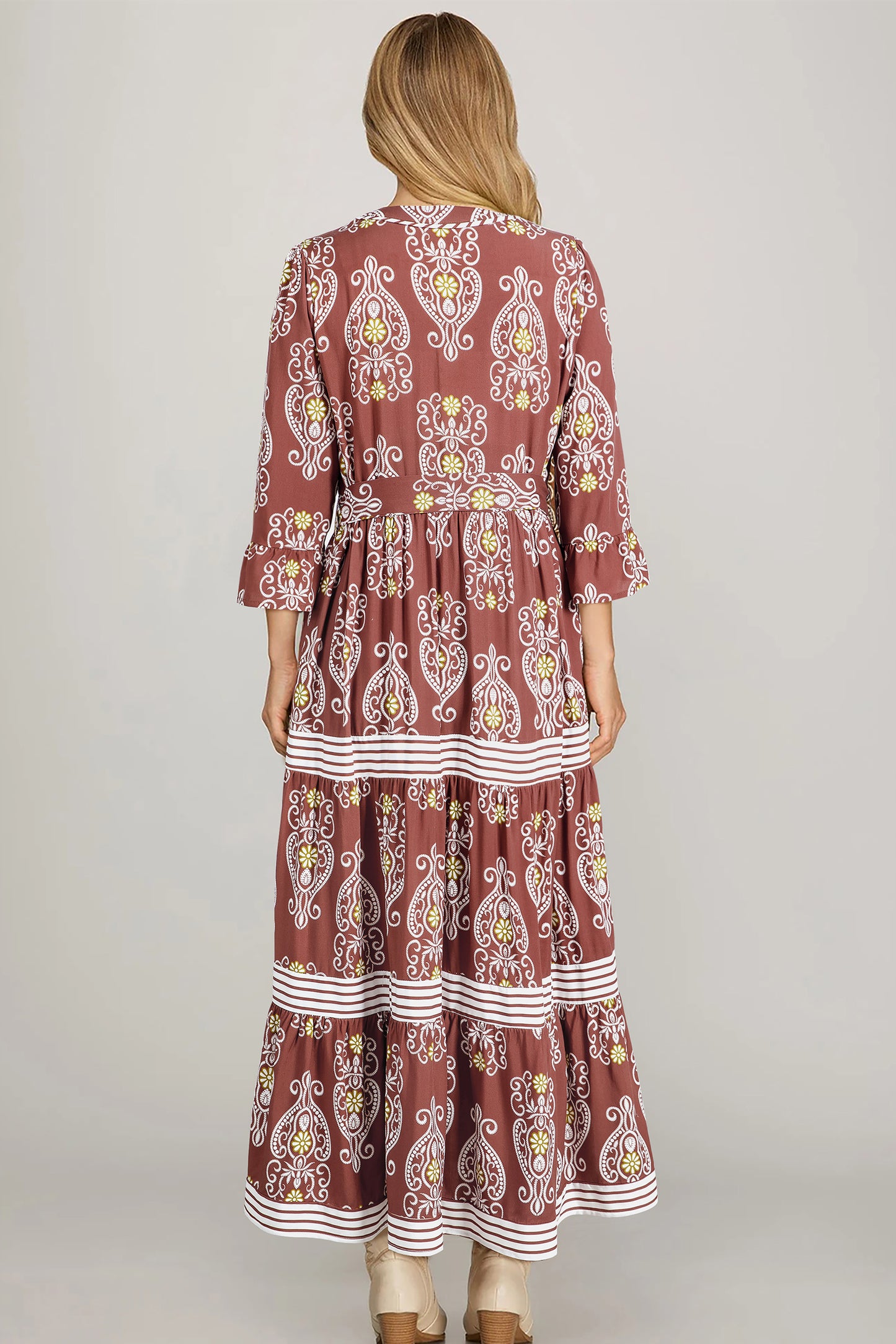 Brown Floral Print Belted Striped Trim Tiered Maxi Dress