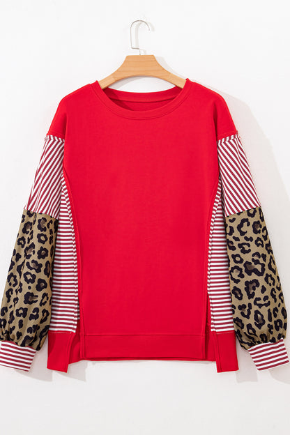 Racing Red Striped Patchwork Sleeve Colorblock Sweatshirt