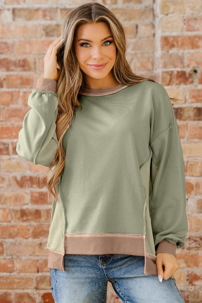 Wild Wind Color Block Mix Texture Waffle Patchwork Oversize Sweatshirt