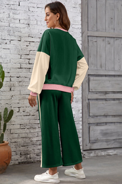 Rose Red 2pcs Color Block Pullover Loose Pant Set