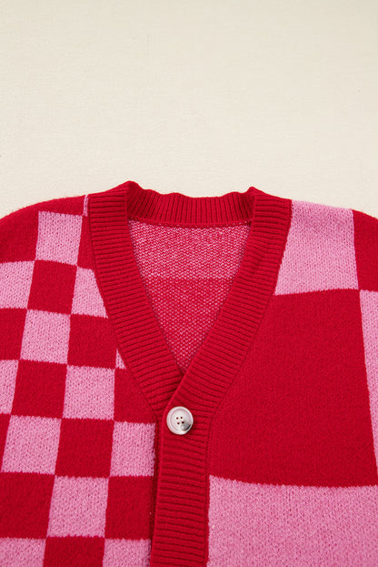 Fiery Red Mixed Plaid Relaxed Sweater Cardigan