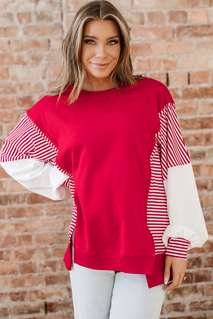 Racing Red Striped Patchwork Sleeve Colorblock Sweatshirt
