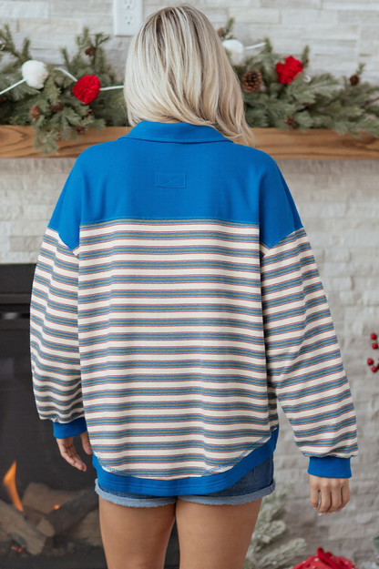 Pink Stripe Buttoned V Neck Collared Drop Shoulder Top