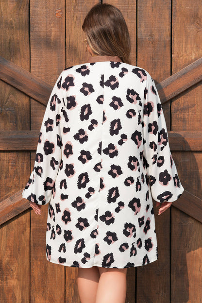Khaki Leopard Print Contrast V Neck Plus Size Shift Mini Dress
