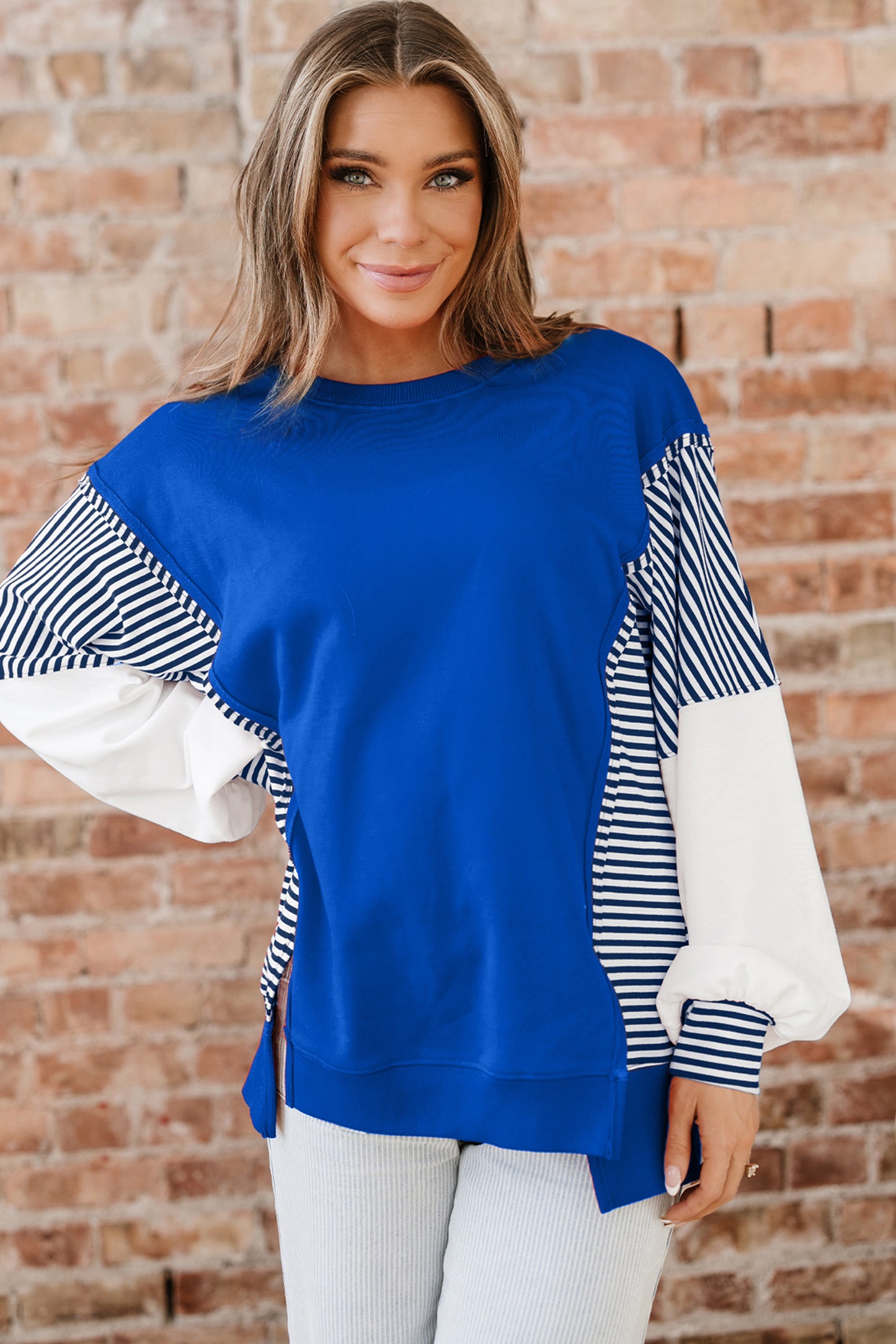 Racing Red Striped Patchwork Sleeve Colorblock Sweatshirt