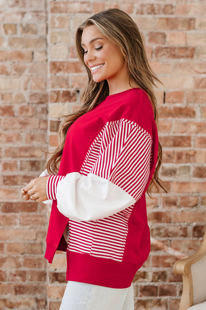 Racing Red Striped Patchwork Sleeve Colorblock Sweatshirt