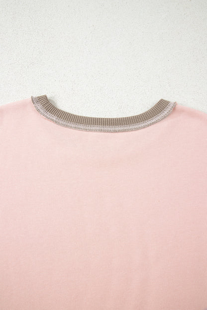 Light Pink Plus Color Block Waffle Patchwork Exposed Seam Baggy Sweatshirt