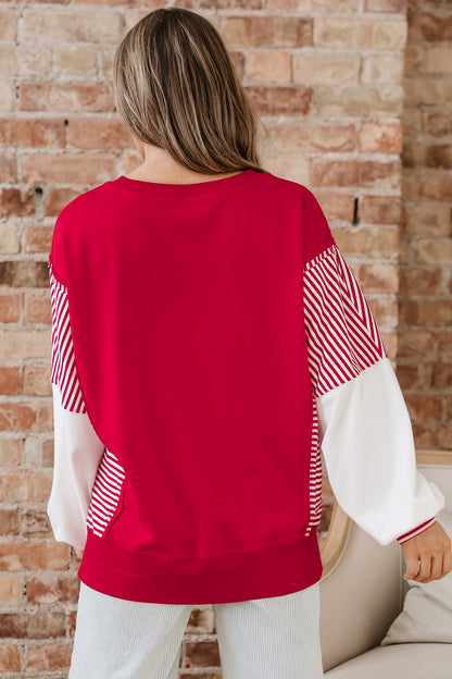 Racing Red Striped Patchwork Sleeve Colorblock Sweatshirt