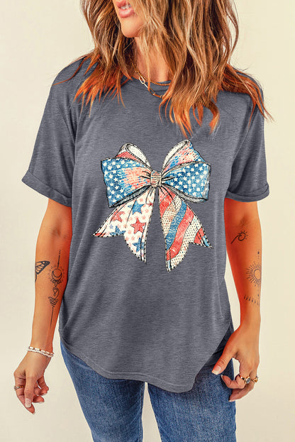 Gray US Flag Bow Print Round Neck Loose T Shirt